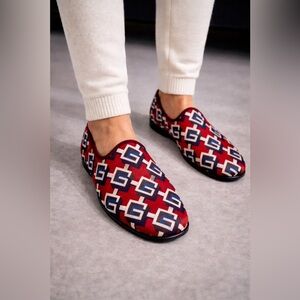 Gucci Red Satin Voyage Geometric G Print Slipper Shoes New $570